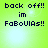 Pixelated text on a bright green background with four identical showing 'back off!! im FaBoUIAs!!' in dark blue letters