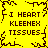 Yellow background with dark brown pixelated text repeating 'I HEART KLEENEX TISSUES' in four quadrants and a central starburst pattern.