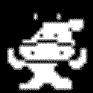 Four white pixelated figures on black background, each with blocky body and head, varying arm positions across frames.