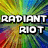 Pixelated text 'RADIANT RIOT' in white block letters with black outlines on a multicolored pixelated background.