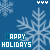 Blue background with white snowflakes and 'HAPPY HOLIDAYS' text in blue and white pixelated font, repeated across the image.