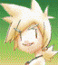 Pixelated character with spiky blonde hair and closed eyes, smiling against a green gradient background.