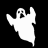 Pixelated ghost icon with raised arms and open mouth, displayed in white, light gray, dark gray, and solid gray variations against black background.