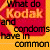Pixelated split-screen image with yellow-orange left showing partial Kodak logo and text about condoms, red right displaying 'They both capture the moment' in black pixelated font