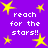 Purple background with yellow stars and repeated white text 'reach for the stars!!' in pixelated font.
