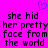 A bright pink background features pixelated text reading "she hid her pretty face from the world" with a small blue heart symbol above.