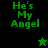 Green text 'He's My Angel' appears on black and green backgrounds with a small star icon that changes from green to black.