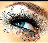 A pixelated close-up of an eye with blue irises and dark eyeliner, next to the word 'beautiful' in bold black letters on a white background.
