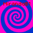 Four identical spiral patterns in blue and pink with red text "MirandaB1" at each corner, arranged in a on a solid pink background