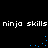 Pixelated text 'ninja skills' repeats in white on black background with blue dot animations.