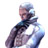 Pixelated figure in dark clothing with light hair, holding a large blue object against white background.