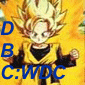 Animated character with spiky blonde hair in yellow aura, wearing yellow and black outfit, fists raised against orange background.