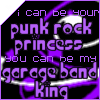 Purple and black graphic with text 'i can be your punk rock princess you can be my garage band king' featuring a heart symbol in the top-left corner.