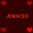 Pixelated red hearts and orange text 'JOEY<33' on dark brown background with static arrangement.