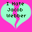 Two identical pixelated heart shapes on a bright pink background, each containing black text reading "I Hate Jacob Webber" in a blocky font.