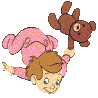 A child in pink polka-dot pajamas holds a brown teddy bear across multiple animated poses against a gray background.