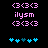 Pixelated pink text and symbols on black background with blue heart icons, showing animation changes in heart positions.