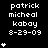 Black background with white pixelated text reading 'patrick micheal kabay 8-29-09' and varying numbers of white star symbols below the text.