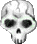 Two pixelated skull icons side-by-side, one with black eye sockets and the other with bright green glowing eyes against a gray background.