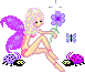 Pixel art fairy with purple wings holding a flower, seated beside two spotted insects on gray background.