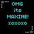 Pixelated cyan text on black background with white star and dotted line corner decorations, repeating 'OMG its MAXINE! xoxoxo' in