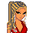 Pixel art contact sheet showing a female character in red attire with text fragments on a red grid background.