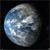 Pixelated circular icon with blue and white tones on a black background, showing a stylized celestial body with light reflections.