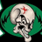 A skull with a red cross on its forehead, set against a green circular background with black and white accents.