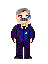 Pixel art of a man in a purple suit with blue patterns, gray hair, and a mustache, shown in two states: one with red and blue eyes, the other with blue and white eyes.