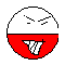 Pixelated circular icon with white upper half and red lower half, displaying a grinning expression with sharp teeth; left side shows wider mouth than right.