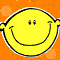 Five yellow smiley faces on orange background with white outlines; one face has visible teeth, others have simple eyes and smiles.