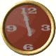 A circular clock face with gold border and red background shows changing hand positions