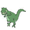 Green pixelated dinosaur with multiple poses showing open mouths, raised arms, and varied tail positions on gray background.