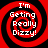 Four identical red and black spiral patterns with white text reading "I'm Getting Really Dizzy!" arranged in a