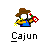 Pixel art character with brown cowboy hat, white face, blue overalls, yellow shirt holding red and green object on gray background.