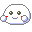 A contact sheet of 8 pixel art frames showing a white round character with green eyes, red cheeks, and blue hands in various poses against a gray background.