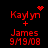 Red pixelated text on black background shows four identical with 'Kaylyn + James 9/9/08' and animated heart or starburst symbols above 'Kaylyn' in top-left and top-right