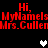 Red pixelated text repeats 'Hi, MyNameIs Mrs. Cullen' on black background with white and gray heart symbols.