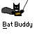 Pixelated Batman figure in black and yellow costume with gray cape, holding a rope, positioned above text reading 'Bat Buddy' on light gray background.