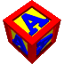 A contact sheet of 25 animated frames showing a red cube with yellow faces and blue letter A's rotating against a gray background.