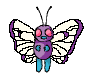 Pixelated butterfly-like creature with purple body, pink eyes, blue limbs, and white wings with purple edges, shown in two sequential poses against gray background.