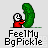 Pixel art of a red-shirted figure holding a large green pickle with both hands, standing on a thin grassy line against light gray background.