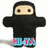 Pixelated ninja figure with black hooded outfit and beige face, arms outstretched against white background.
