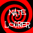 Four identical red and black spiral patterns with white text reading 'NITE LOURER' overlaid, arranged in a on a solid black background