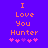 Pixelated orange text on purple background reads 'I Love You Hunter' with five pink/purple heart symbols below, two versions differ in heart color sequence.