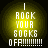 Four identical circular icons with yellow gradient backgrounds display white pixelated text reading "I ROCK YOUR SOCKS OFF!" with multiple exclamation marks.