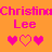 Pixelated of six color-blocked sections displaying 'Christina Lee' text and heart symbols with varying colors and fills