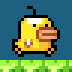 Pixel art of a yellow vehicle with brown accents, black wheels, and an antenna on top against a blue background.