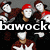 Group of people in red caps and dark clothing with white faces, some making hand gestures, text 'bawock' overlaid on image.