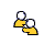 Pixelated cartoon character with white hair and yellow shirt in multiple poses against gray background, including raised hands and dynamic gestures.